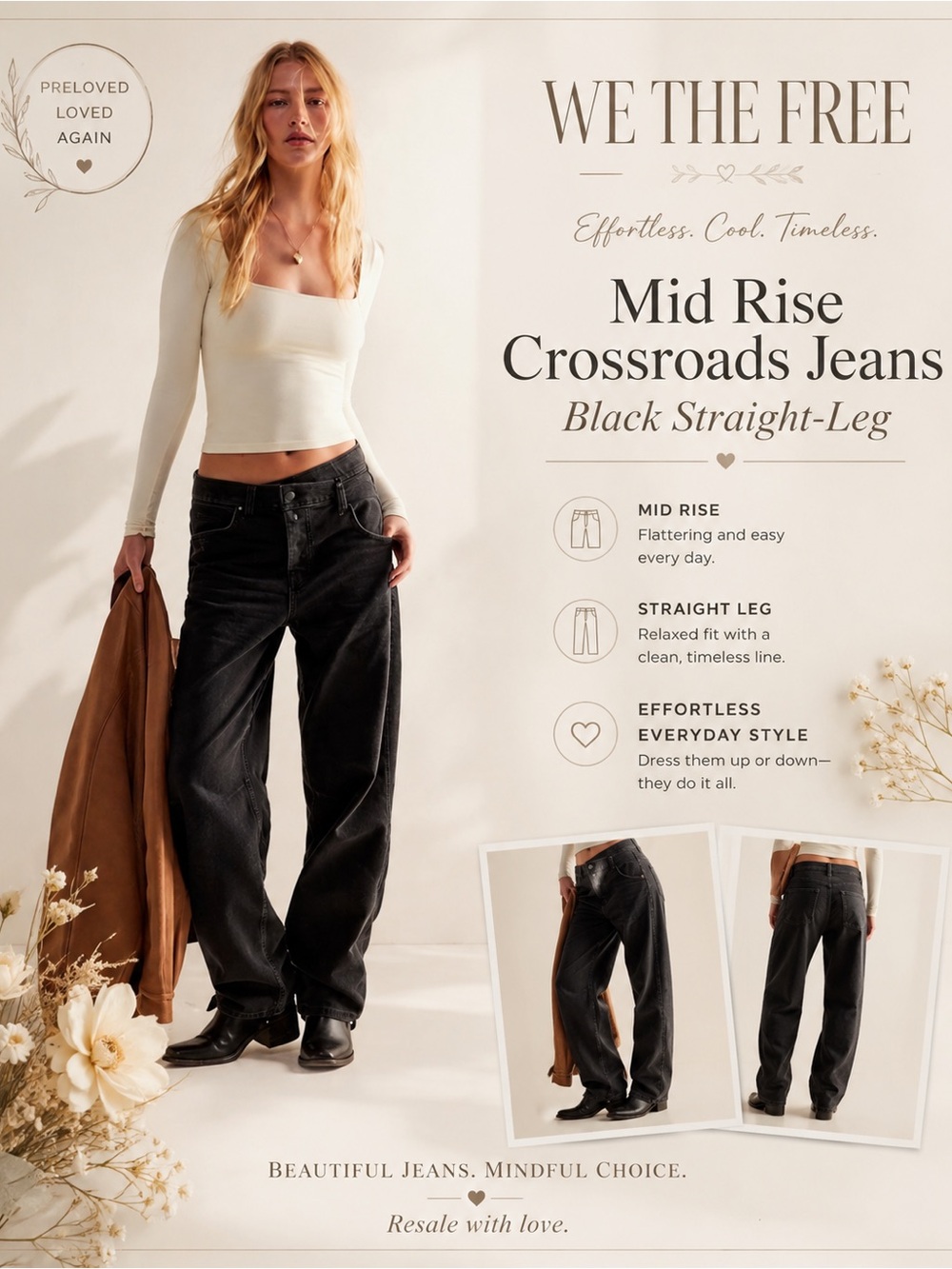 💖 We the free mid rise crossroads jeans Black Straight-Leg worn once